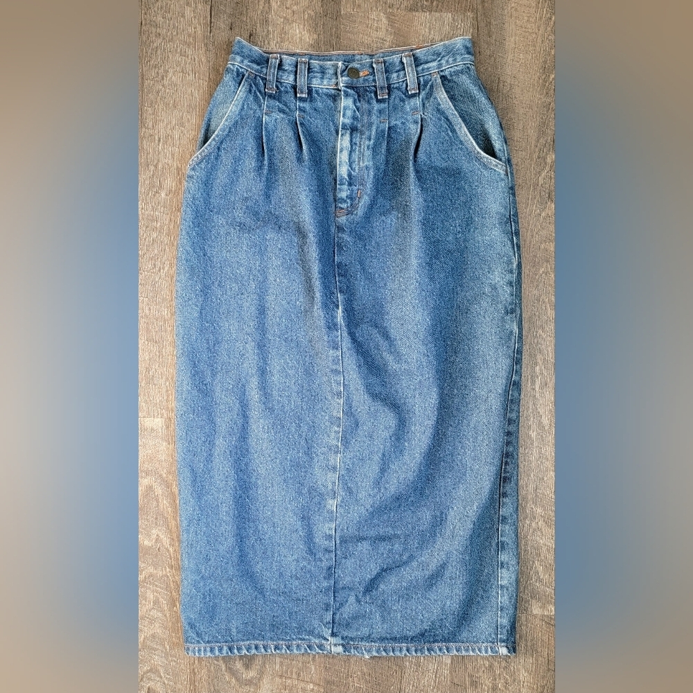 90s Vintg Denim Maxi Skirt Womens 7/8 Med Wash Blue 100% Cotton Fitted w/ Pleate - Picture 6 of 11